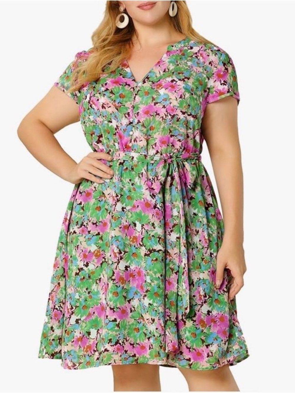 Agnes Orinda Plus Size V Neck Short Sleeve Tie Waist Sundress Summer Midi Dress